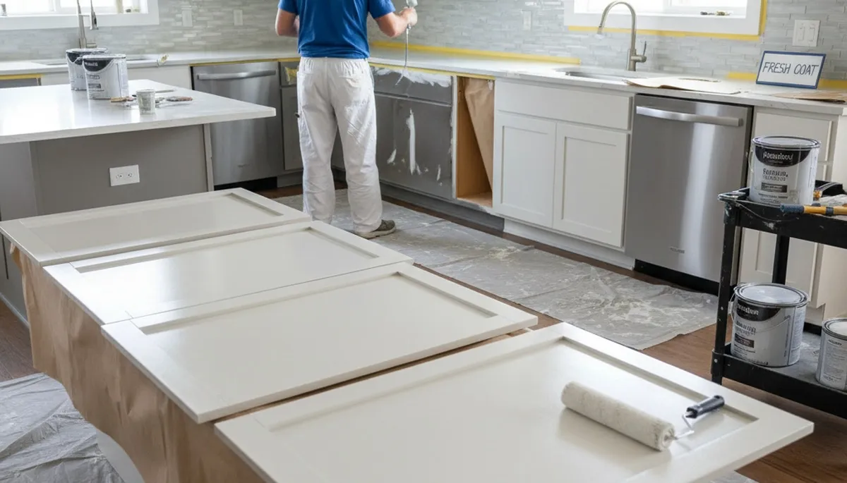 Professional cabinet painting in Concord, MA showcasing refinished kitchen cabinets and smooth painted finishes