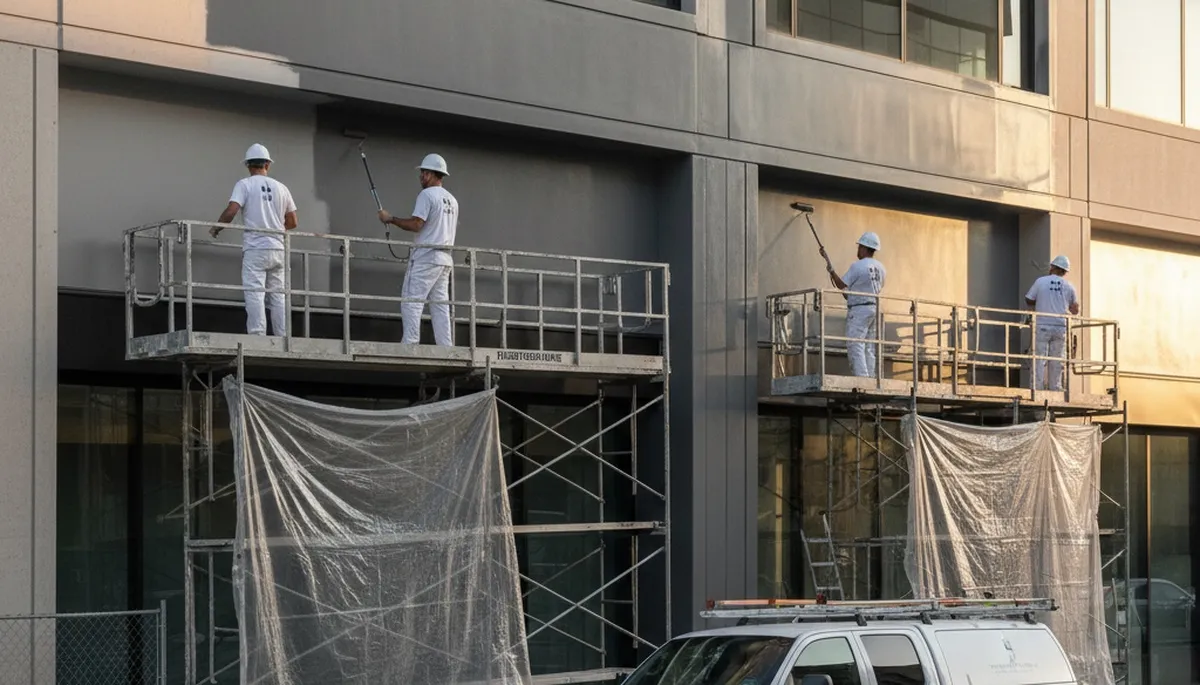 Professional commercial painters finishing office exterior in Concord, MA
