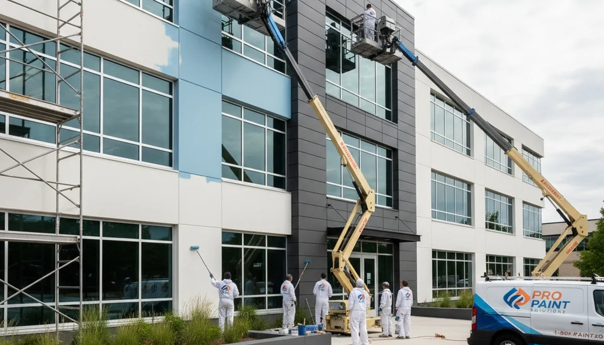 Professional commercial painters working on an office exterior in Concord, MA