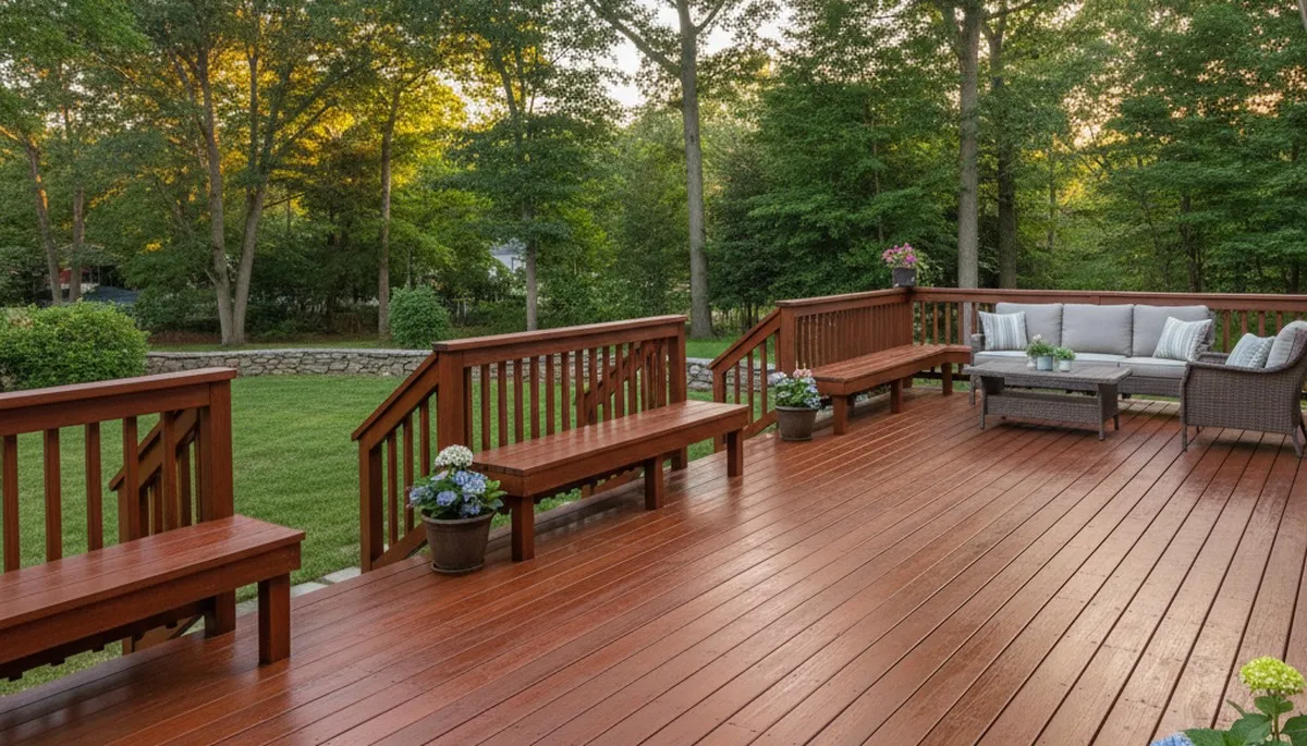 Finished deck staining in Concord, MA highlighting rich wood tones and weather-resistant professional finish