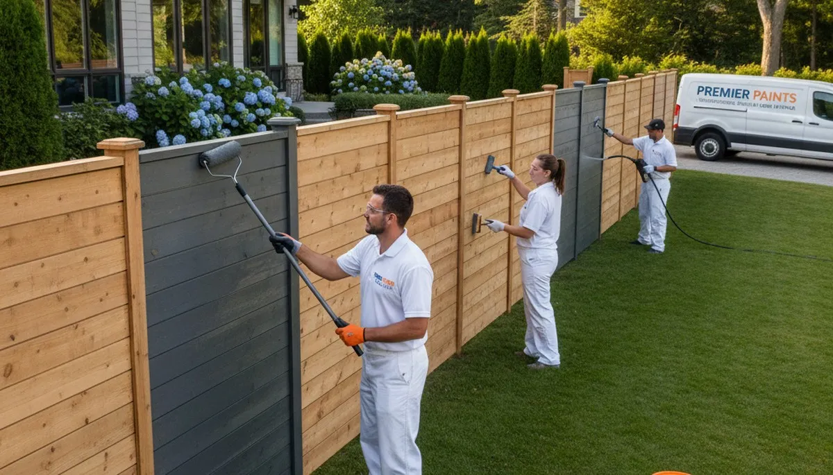 Professional painter applying weather-resistant coating to wooden fence in Concord, MA