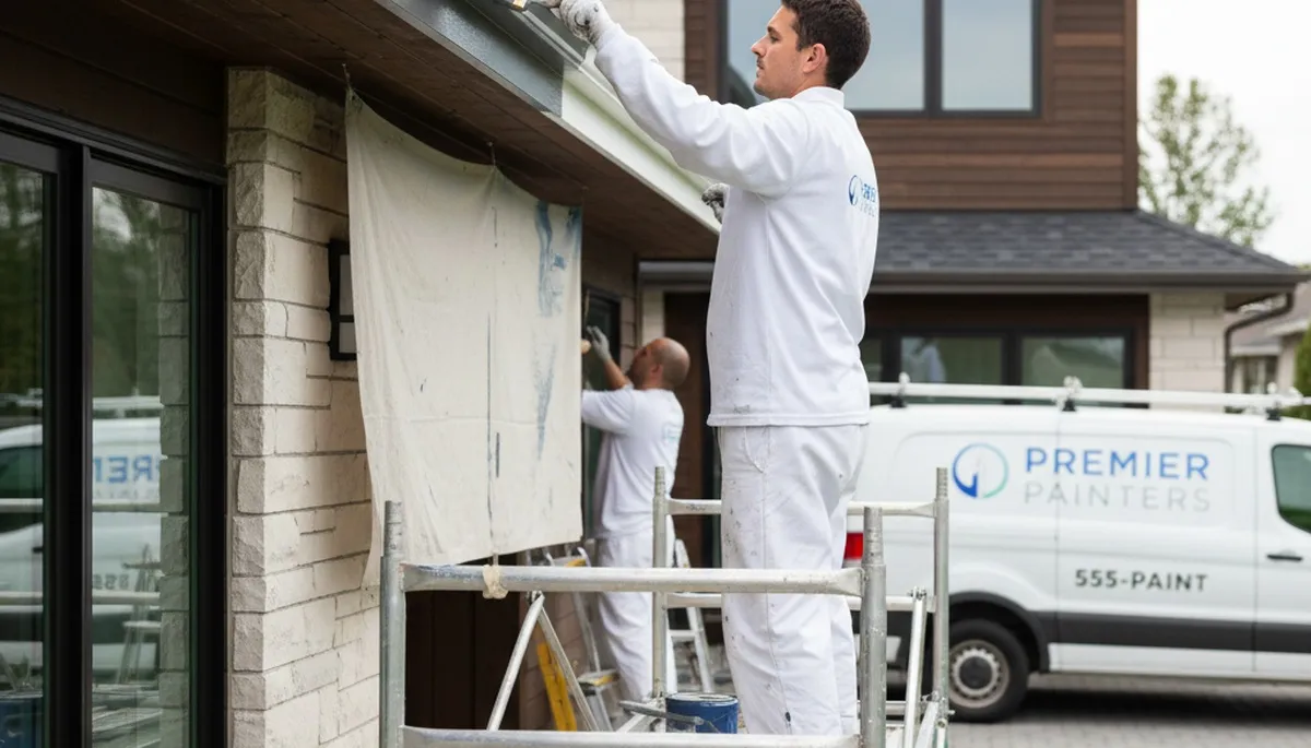 Professional gutter painting on historic home exterior in Concord, MA by expert house painters