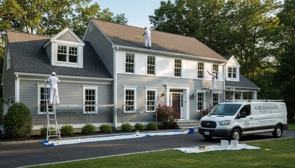 Professional house painters working on exterior home in Concord MA