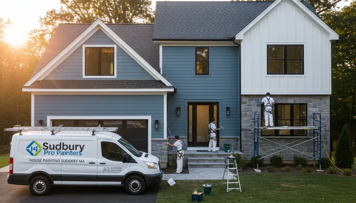 Professional house painters working on exterior home painting in Concord MA
