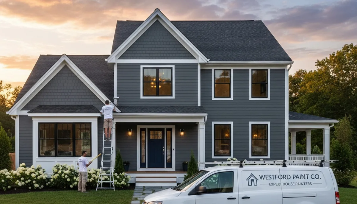 Professional house painters transforming home exterior in Concord, MA with fresh residential paint