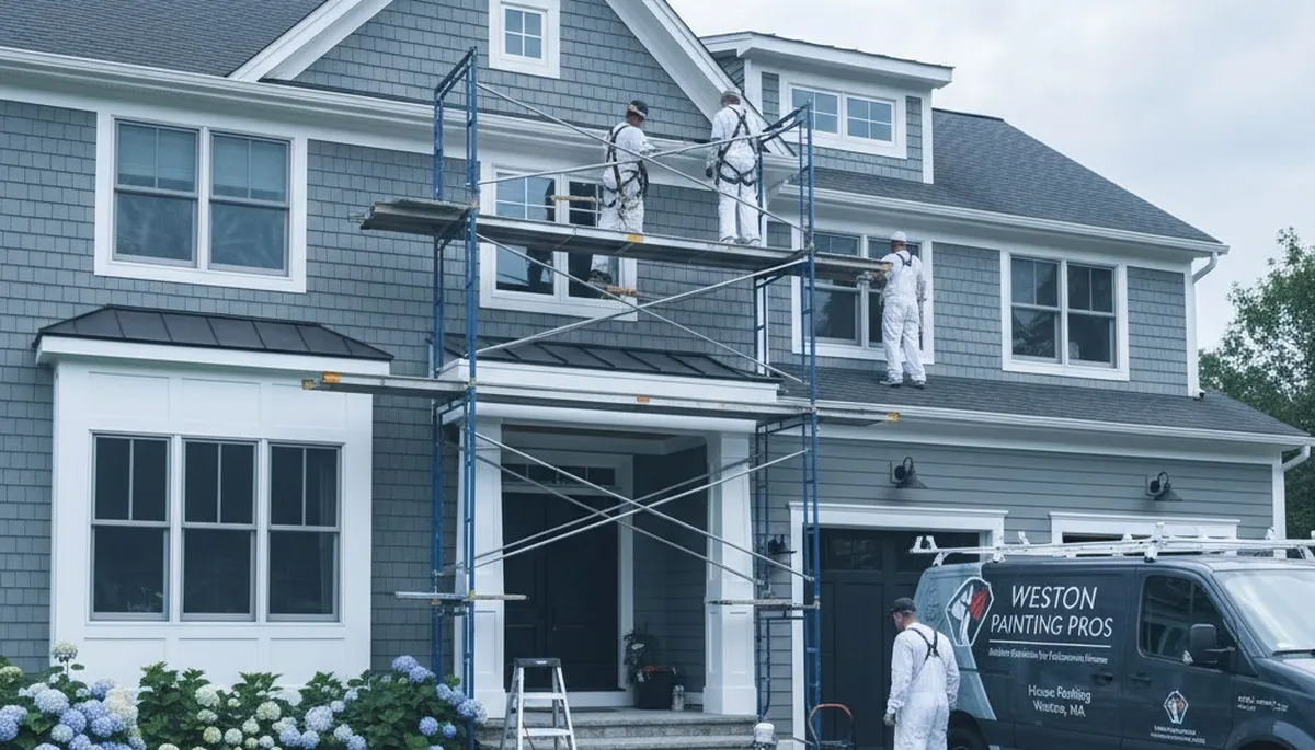 Professional house painters working on residential exterior in Concord MA