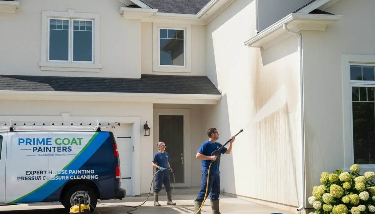Professional pressure cleaning a historic Concord, MA home exterior by local painting experts