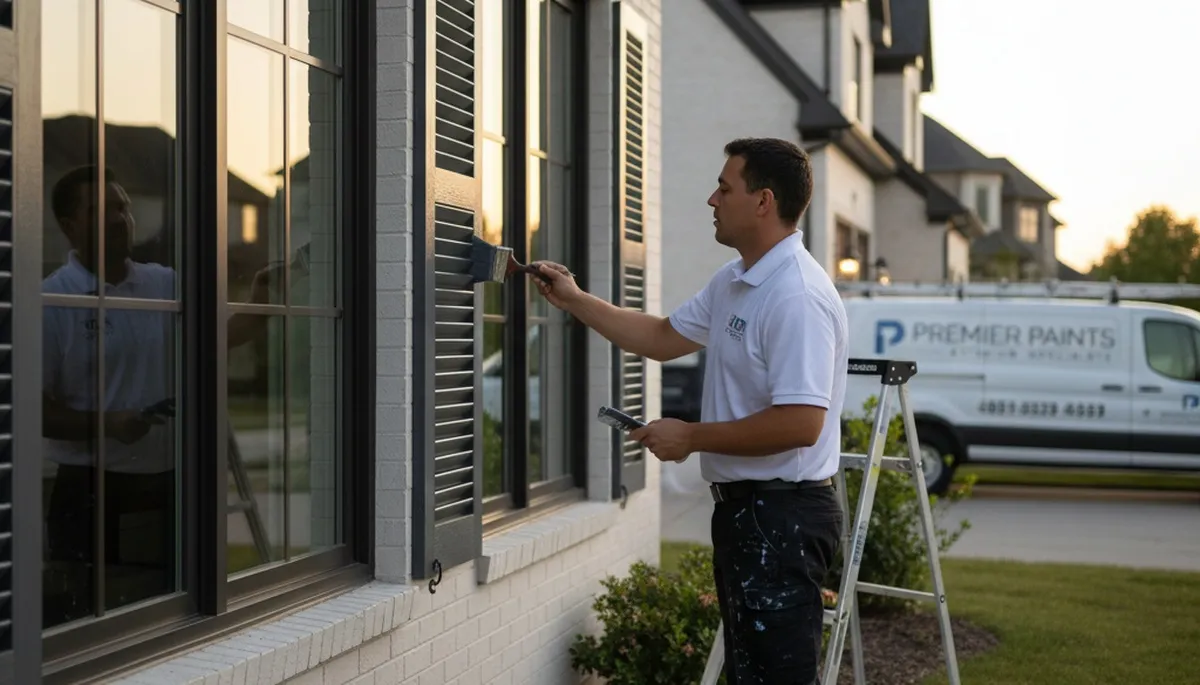 Professional shutter painting on colonial home exterior in Concord, MA by expert house painters