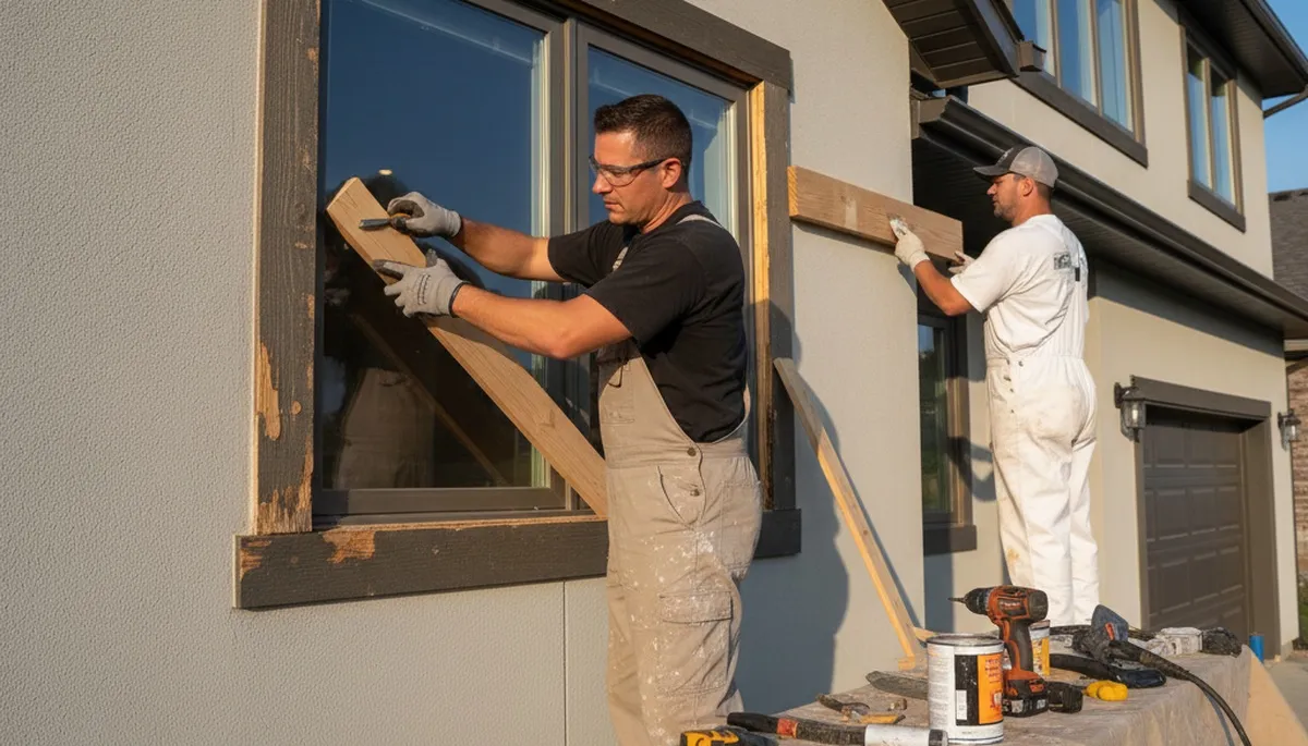 Professional wood rot repair and exterior painting on Concord MA home trim and siding
