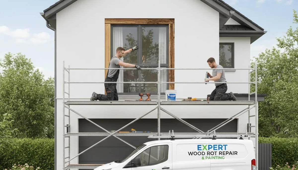 Professional wood rot repair and exterior painting on historic home in Concord, MA